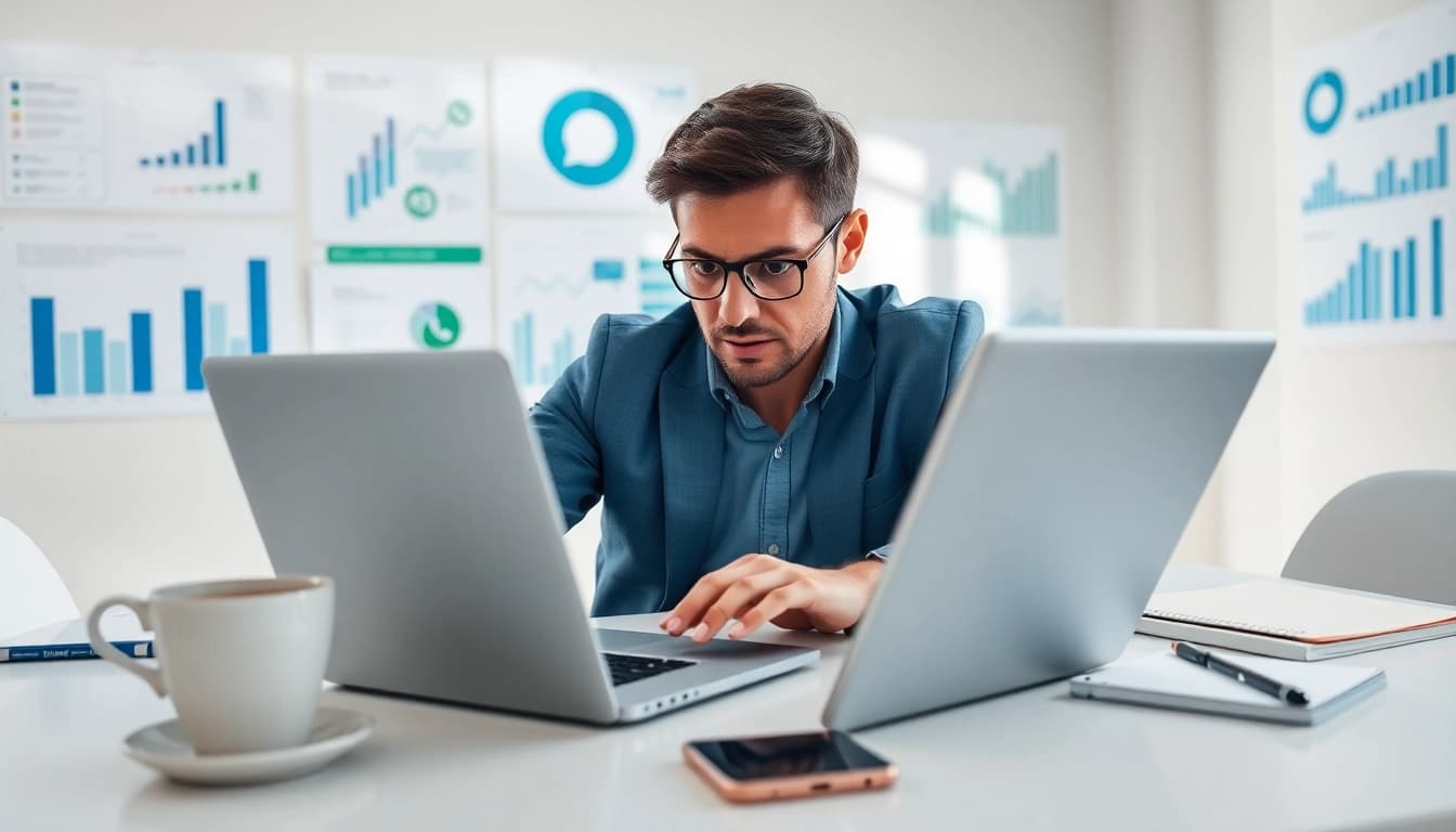 Understand What is a CRM for WhatsApp with a professional using WhatsApp on a laptop in an office.
