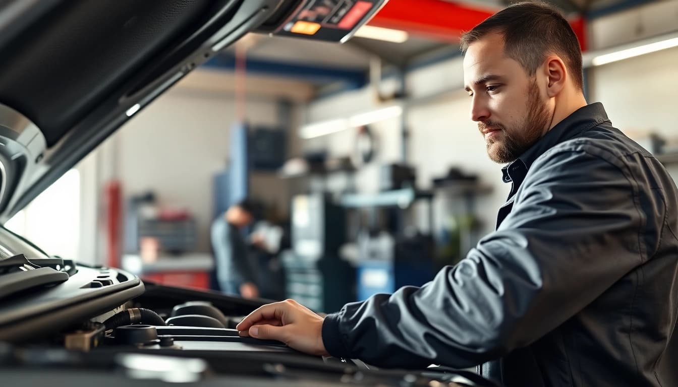 Mechanic assessing vehicle service contract details for optimal coverage options.