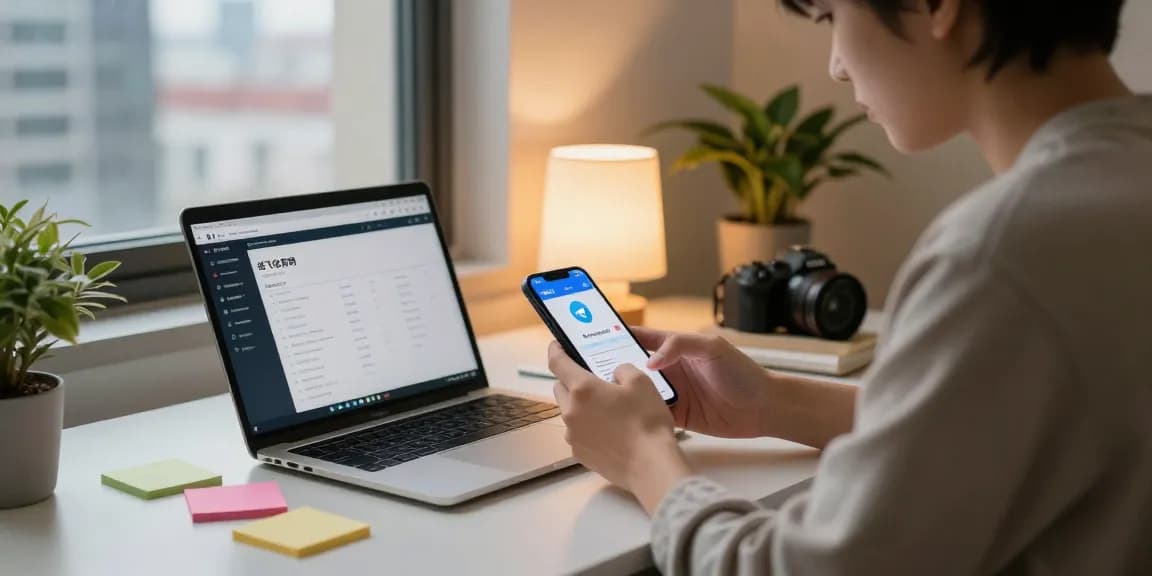 Engaged user accessing 纸飞机官网 on smartphone in a cozy modern workspace.