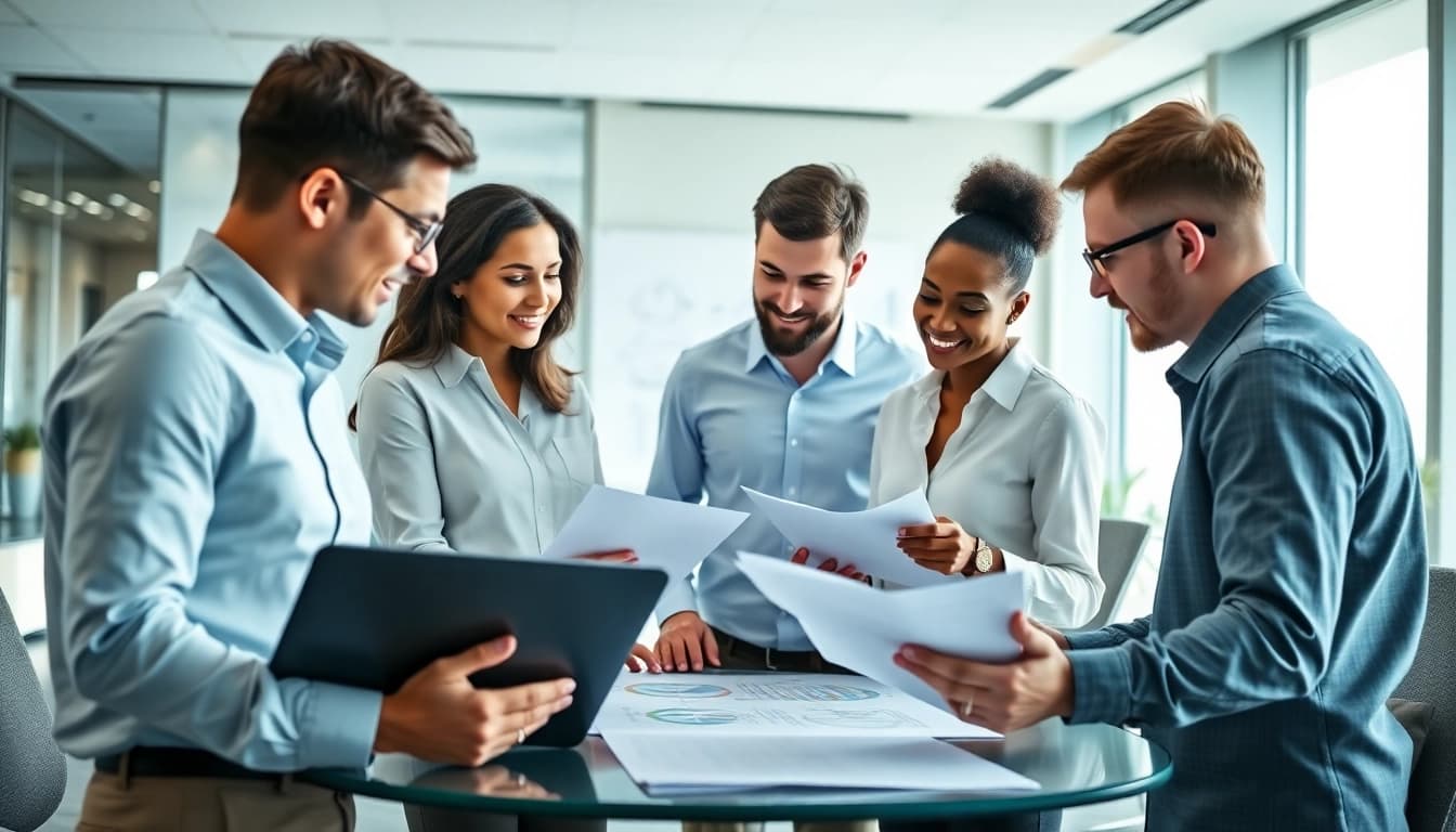 Engaged team of Quickplus Business Consultants collaborating in a modern office environment.
