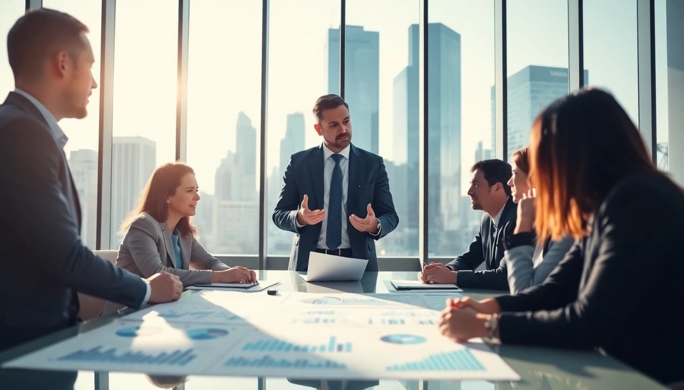 Diskusikan deposit 1k dengan penasihat keuangan di kantor modern yang profesional.