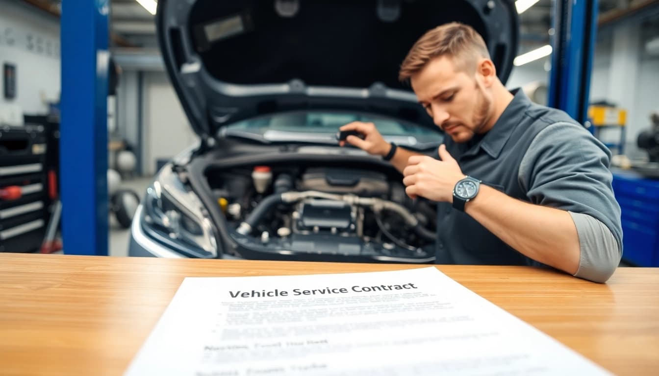 Inspecting a vehicle service contract while examining a car engine in a professional garage.