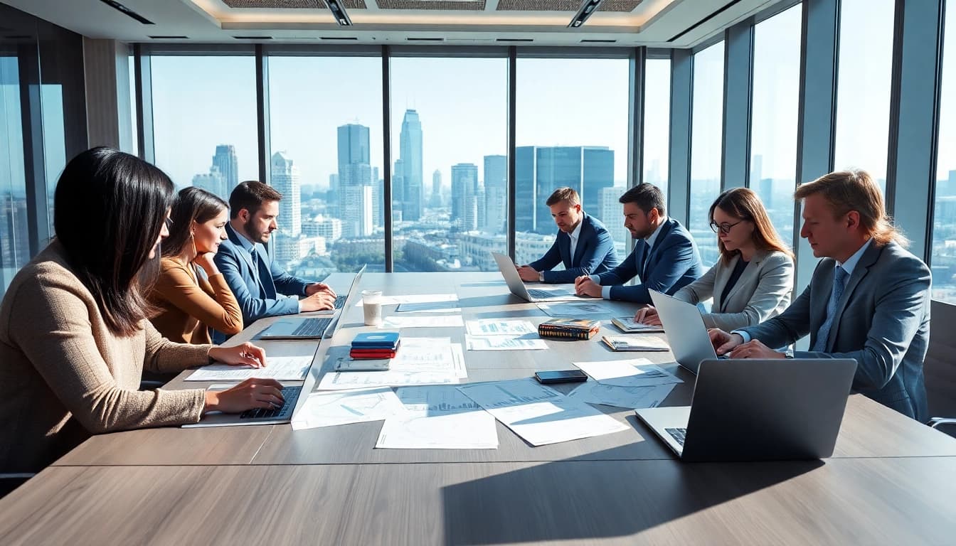 Investors discuss benefits of soparfi in a bright, modern office with skyline view.