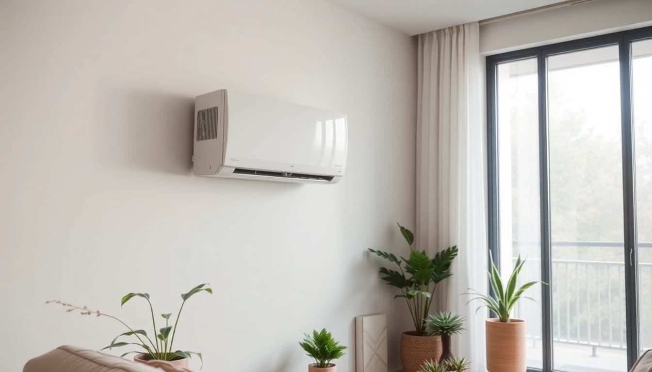 Mitsubishi mini split ac installed in a modern living room with natural light.