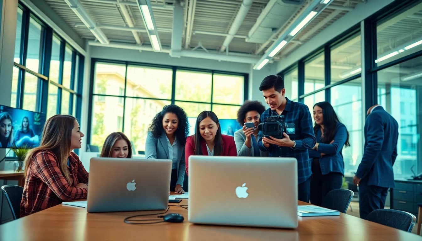 Engaging corporate video production team collaborating in a modern workspace.