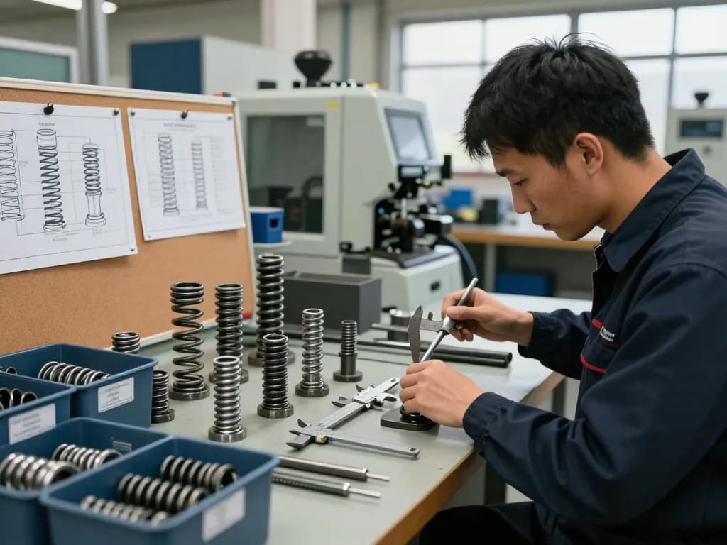 Tehnician examinând arcurile ciur într-un atelier industrial bine iluminat, evidențiind precizia și măiestria cu unelte.