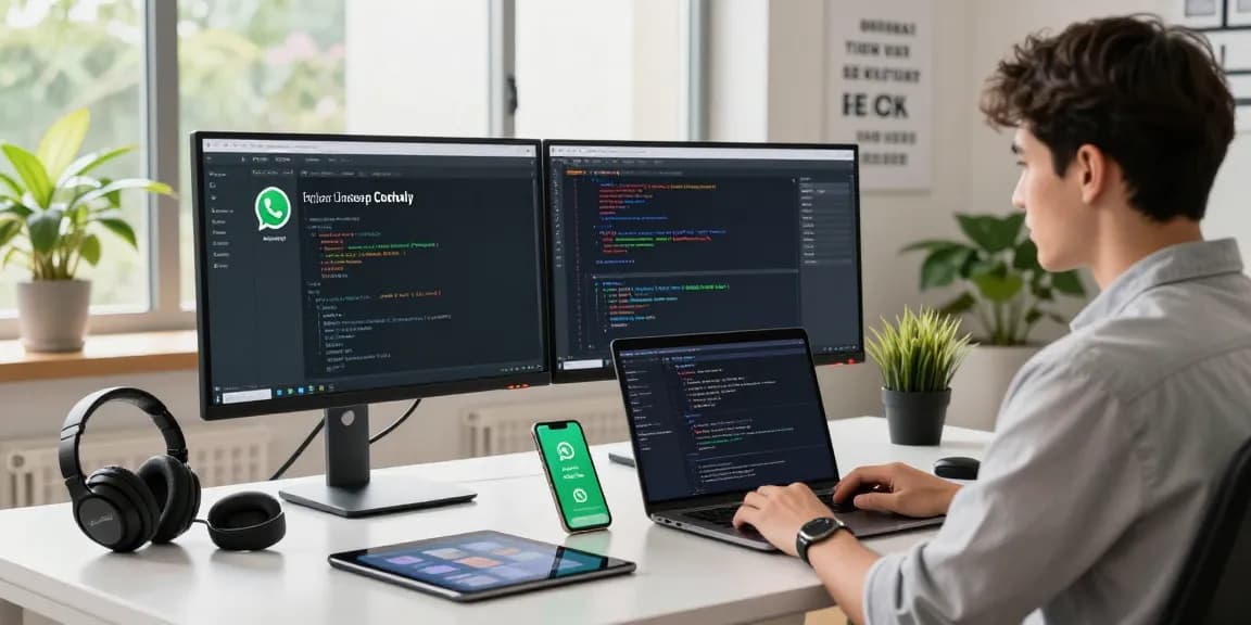 Experience seamless WhatsApp下載 in a dynamic digital workspace showcasing coding and communication tools.