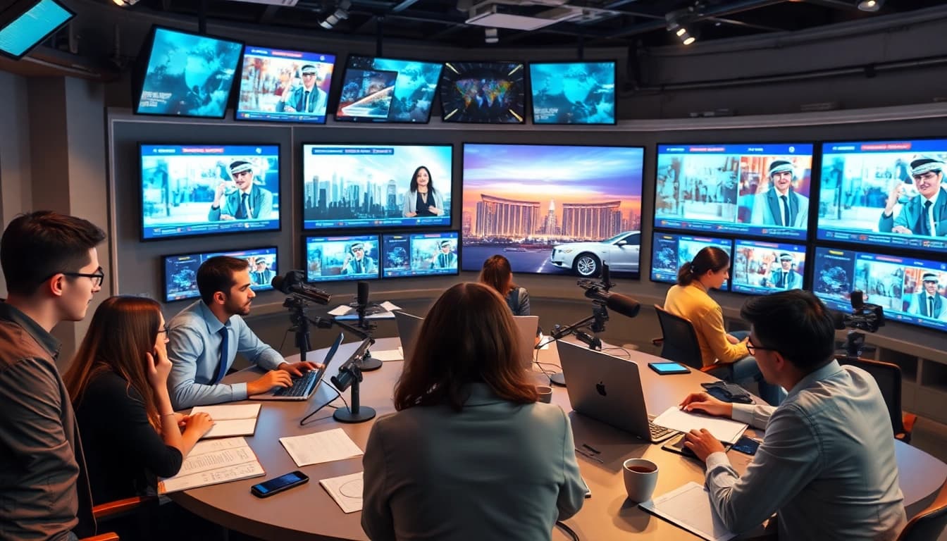 Dynamic newsroom scene illustrating journalists reporting UAE news for pulsetimes.ae.