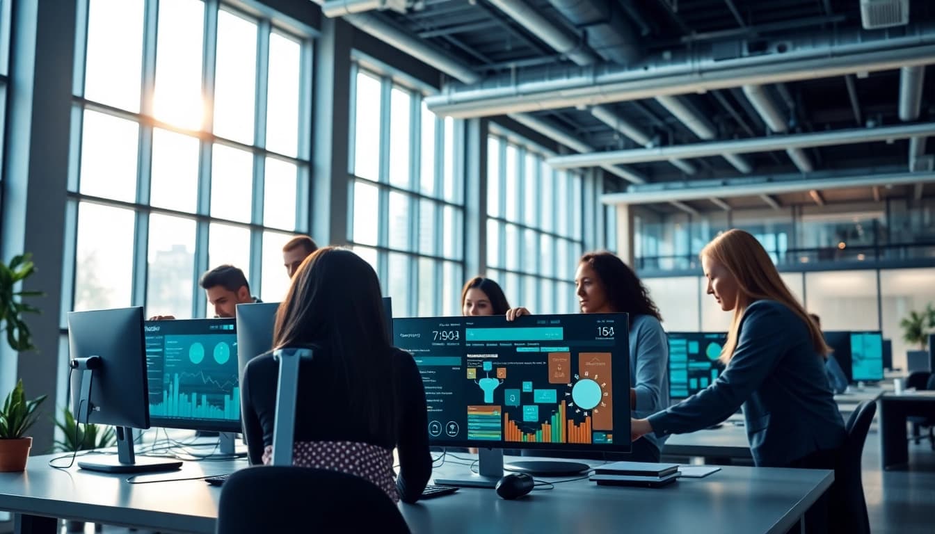 Engage with enterprise search tools through collaboration in a modern office setting.