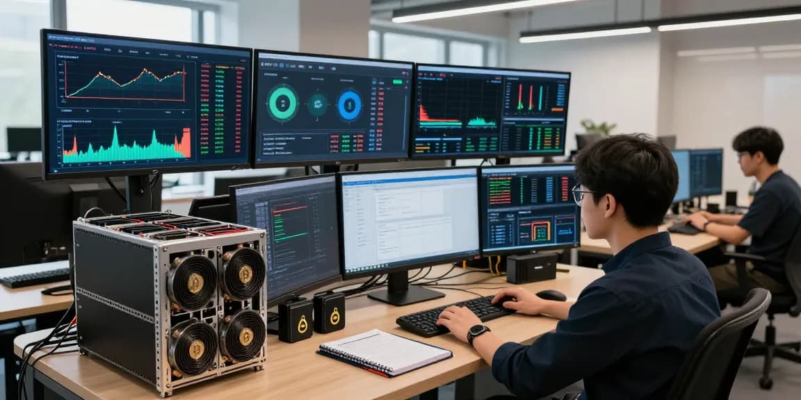 Automated bitcoin mining workspace displaying cryptocurrency dashboards and mining software for efficient trading.