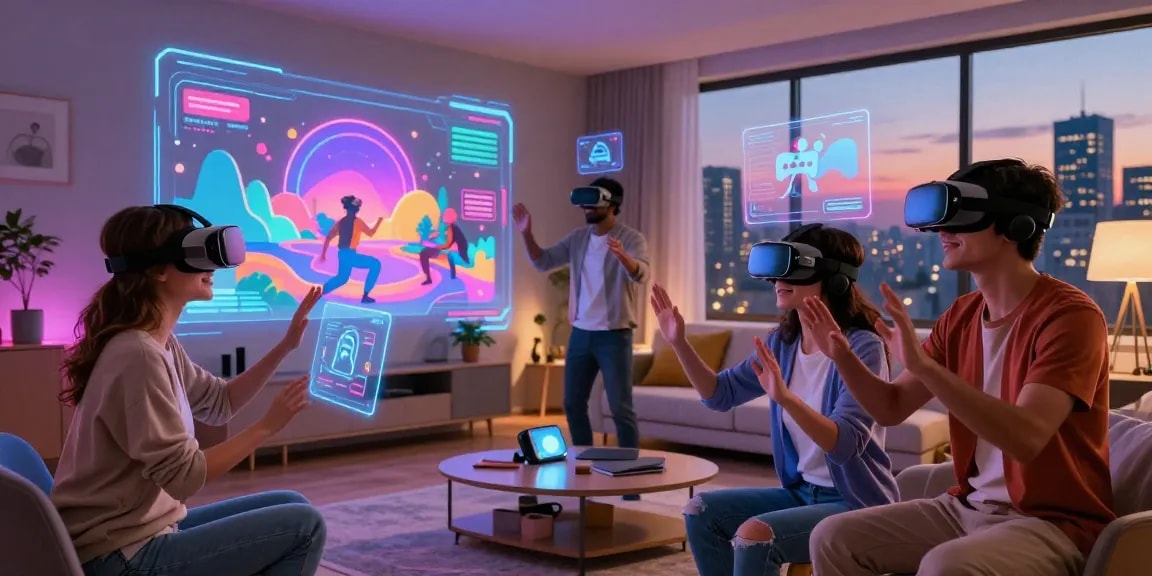 Group using VR headsets in a modern living room showcasing immersive AI porn experiences.