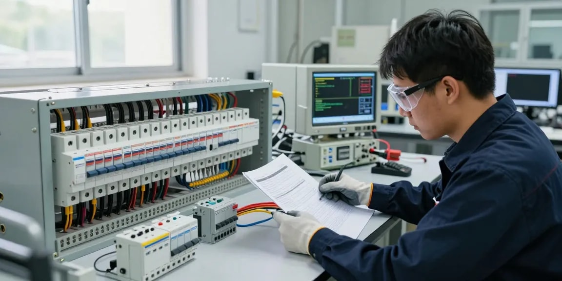 Detail-oriented technician inspecting an air circuit breaker in a high-tech lab setting, showcasing low-voltage electrical components.