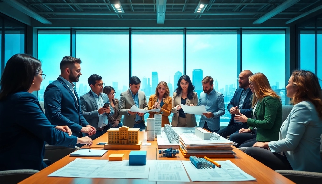 Engaging construction advocacy discussion with diverse professionals collaborating in a modern office.
