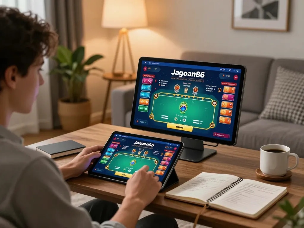 Engaging with jagoan86 casino app on a tablet in a cozy living room.