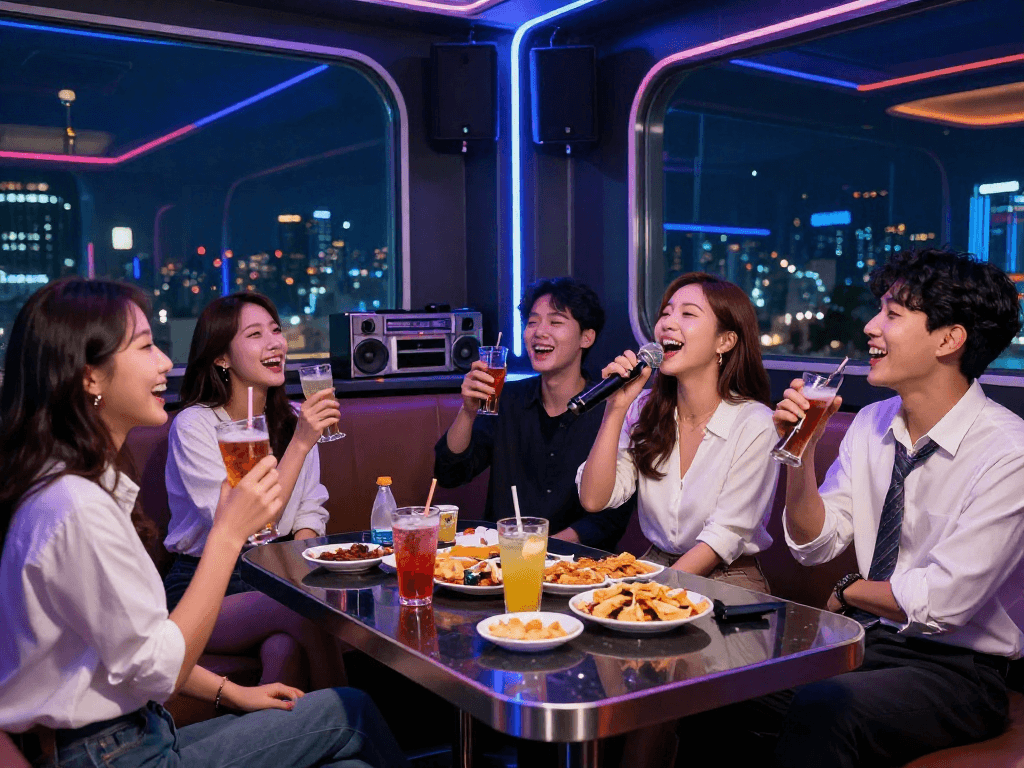 강남 타이밍에서 즐기는 화려한 가라오케 장면, 친구들과 함께 노래하며 즐거운 분위기 연출