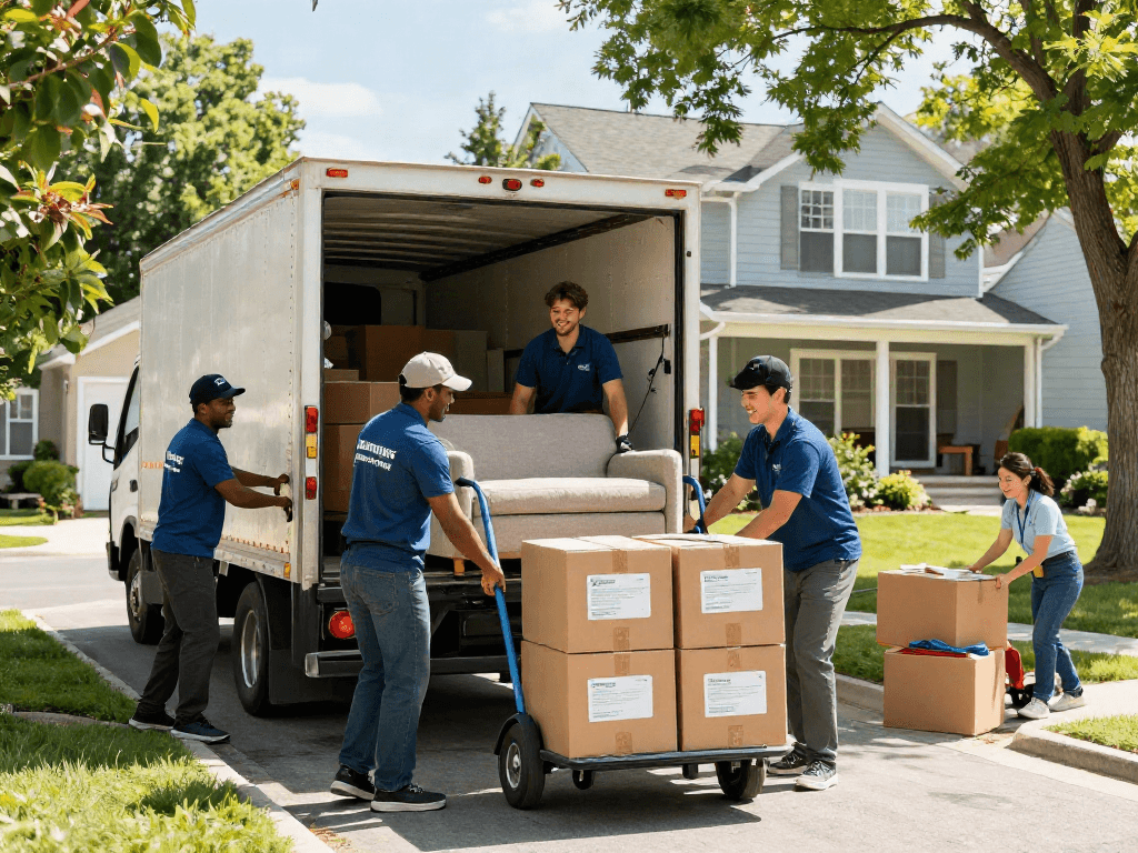 Professional movers efficiently loading furniture into a truck on a sunny day in a suburban neighborhood.