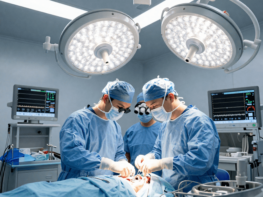 Bel fıtığı ameliyatı taking place in a modern operating room with surgeons and advanced medical equipment.