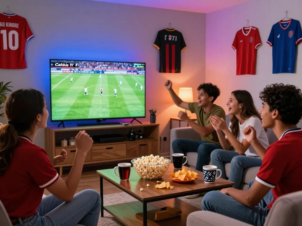 Cakhia TV viewing party in a lively living room, friends excitedly watching soccer on a large TV with snacks and sports decorations.