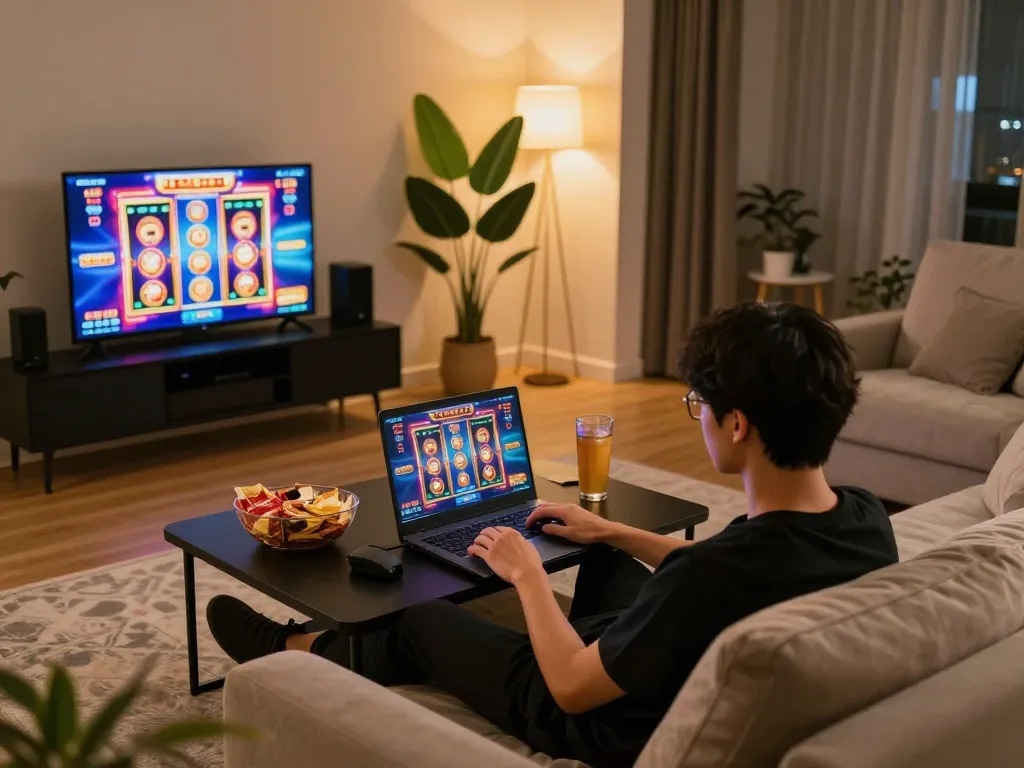 Person enjoying gajah toto online gaming session at home with laptop, drinks, and snacks.
