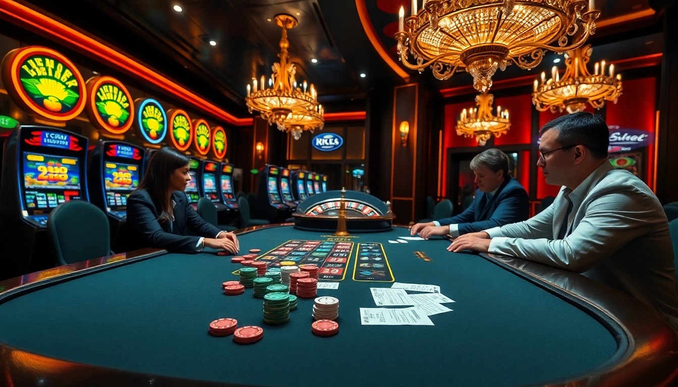 A thrilling poker scene at a casino showcasing Kjc solutions, featuring excited players and vibrant gambling elements.