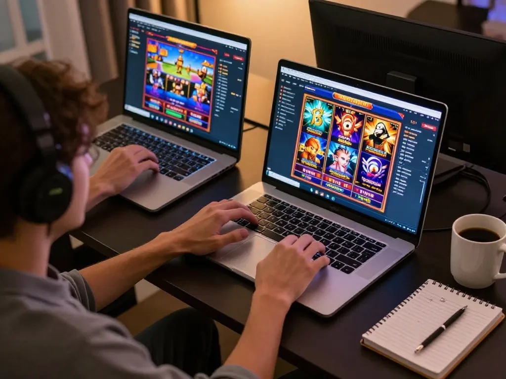 Engaging session with a player spinning slot machines online, vibrant game interfaces displayed on laptop.