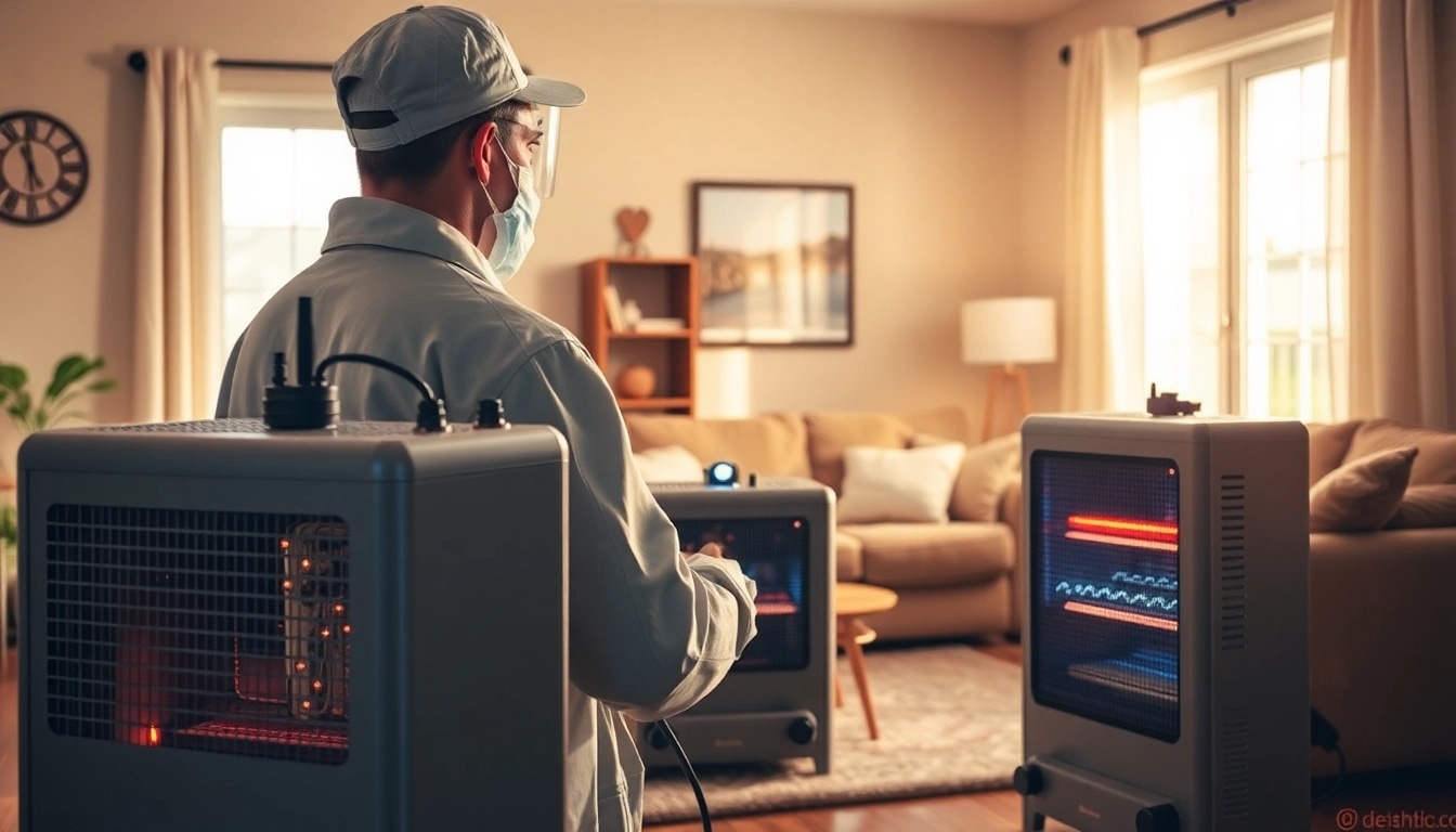 Treating a home with bed bug heat treatment featuring specialized equipment.