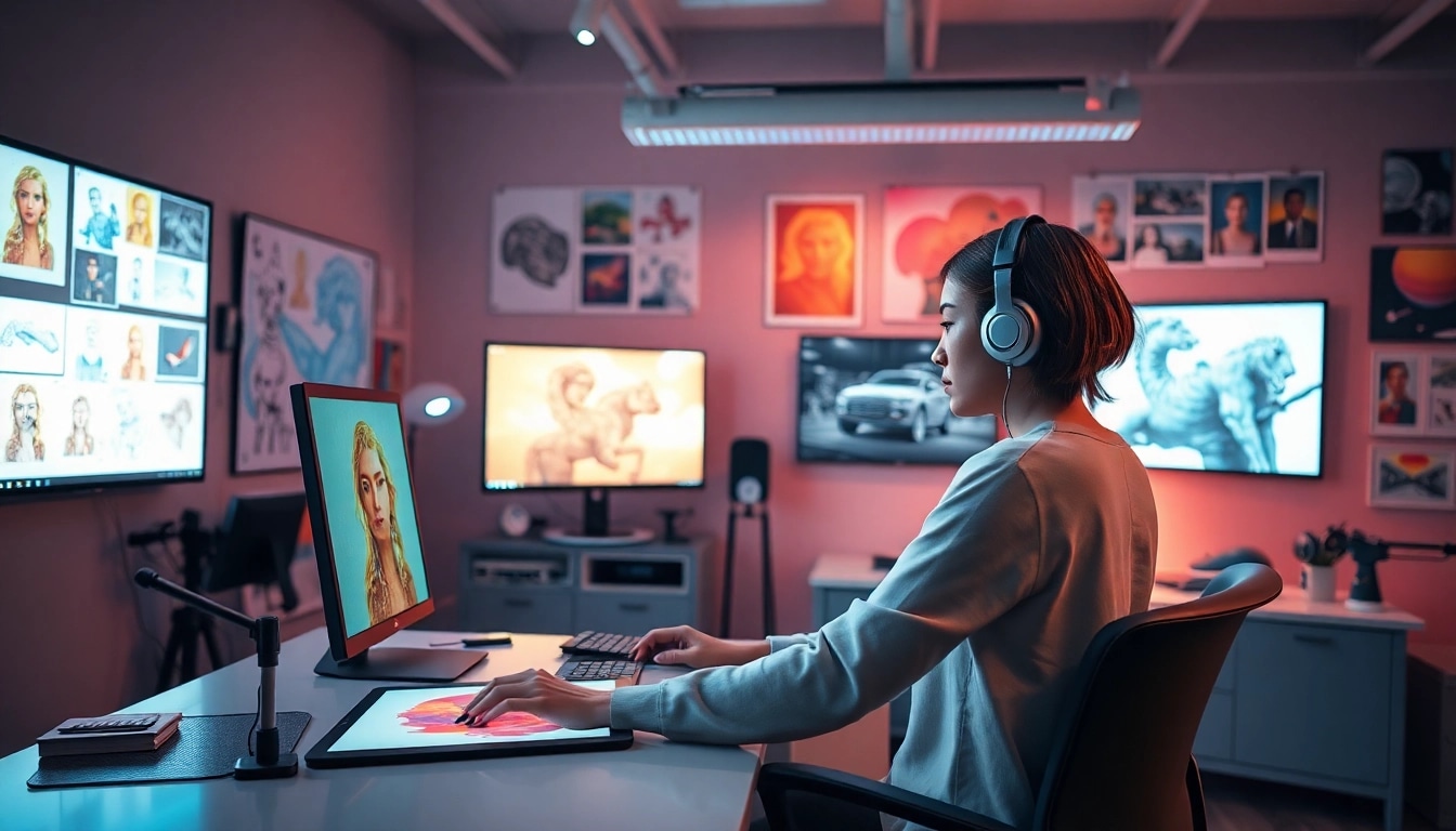 Generate precise AI prompts with our image to prompt tool in a vibrant digital studio.