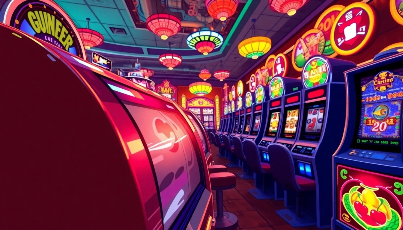 Slot mesin yang berwarna-warni dan menarik perhatian di kasino.