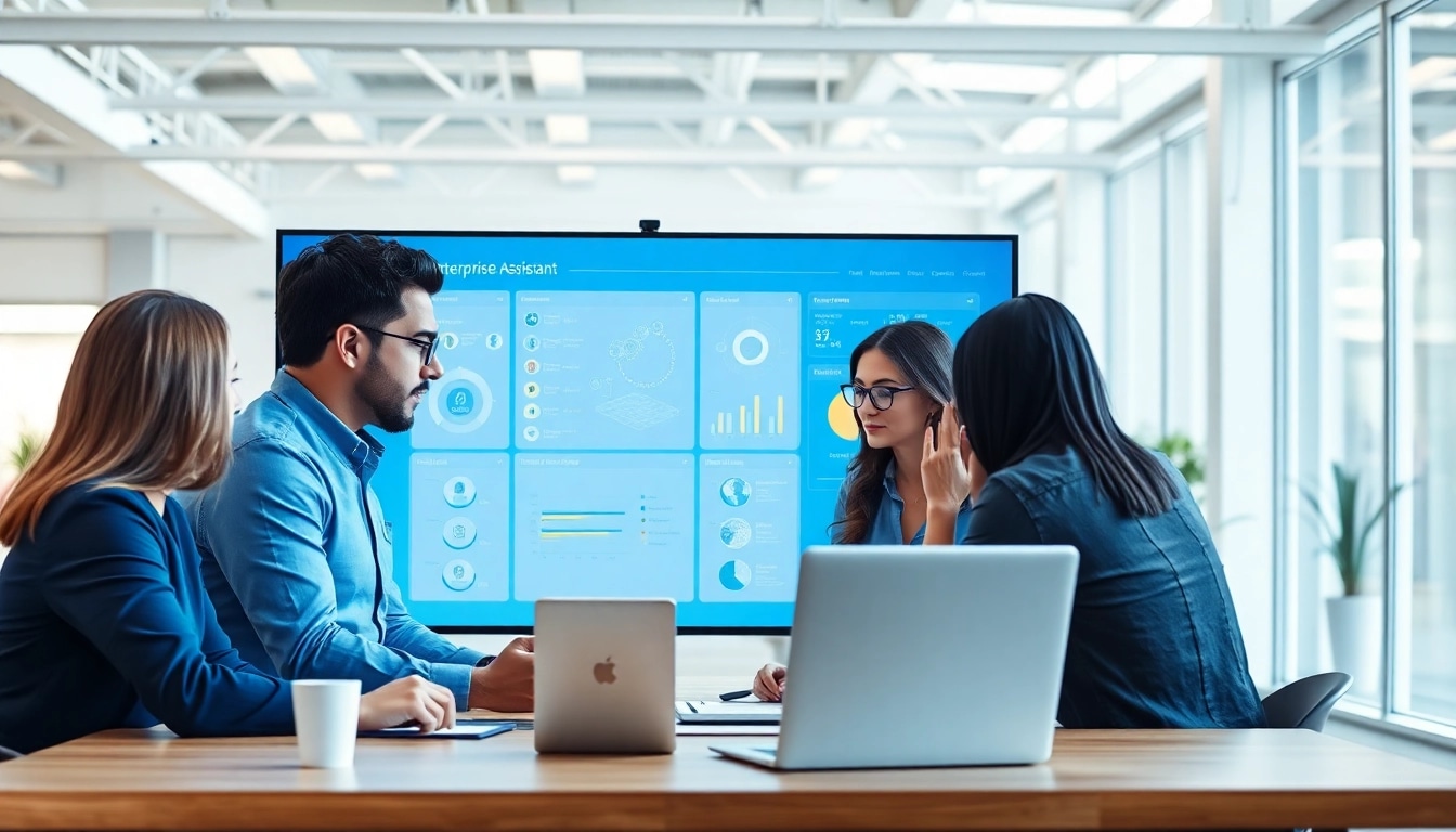 Engaging enterprise assistant helping a diverse team streamline workflows in a modern office.