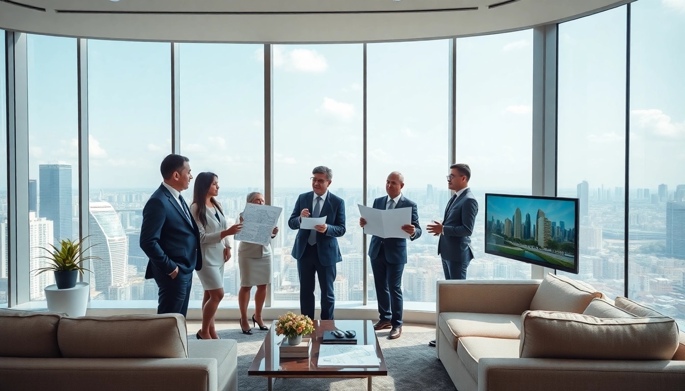 View experts discussing new condo developments at https://newdeveloperlaunch.sg with blueprints and city views.
