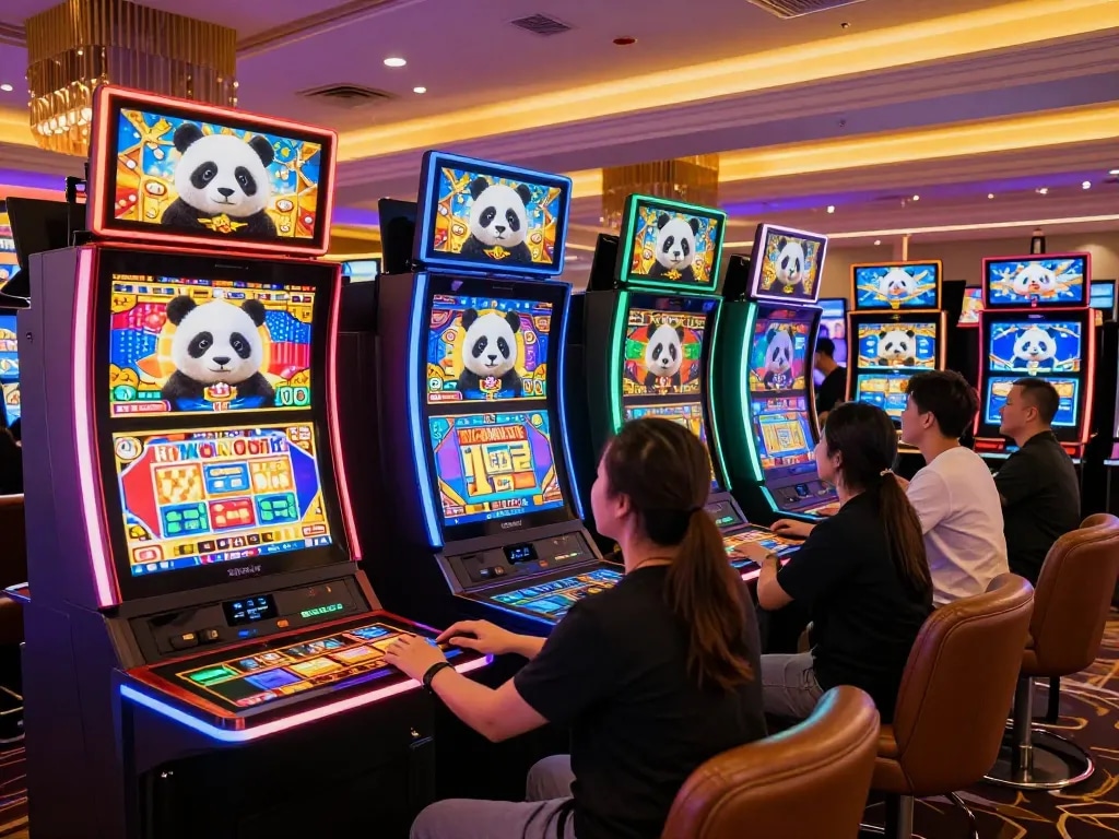 Panda casino players enjoying vibrant slot machines and live dealer games in an upscale, engaging online gaming environment.