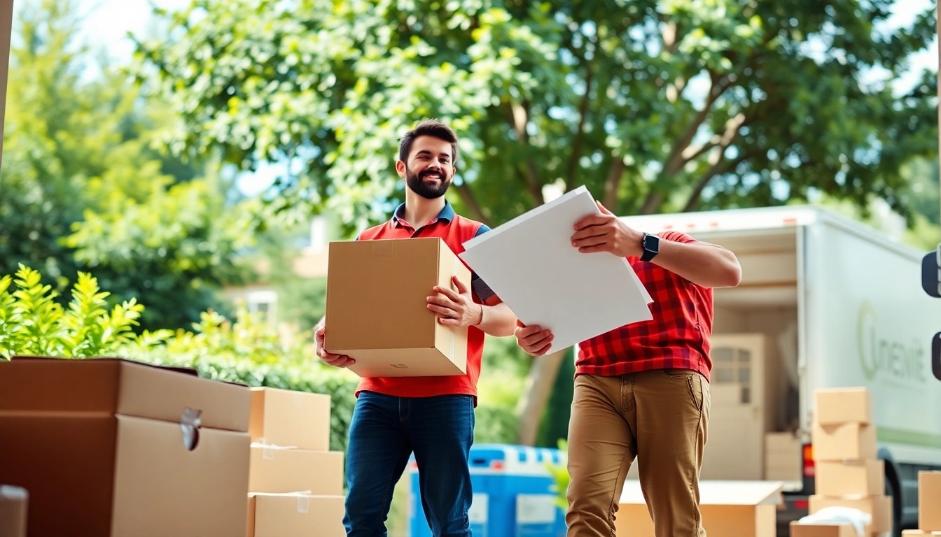 local movers efficiently packing and moving boxes in a sunny residential setting