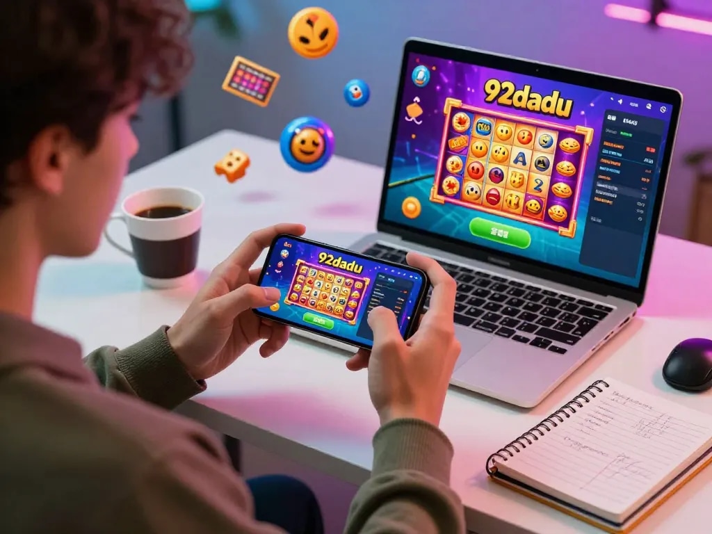 Engaged player in vibrant setting enjoying the 92dadu game on smartphone, surrounded by gaming graphics.