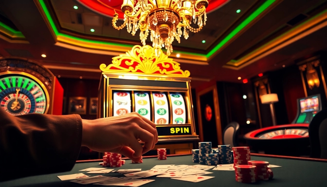 Gameplay slot pulsa yang mendebarkan menampilkan suasana kasino mewah dengan keping poker dan mesin slot.