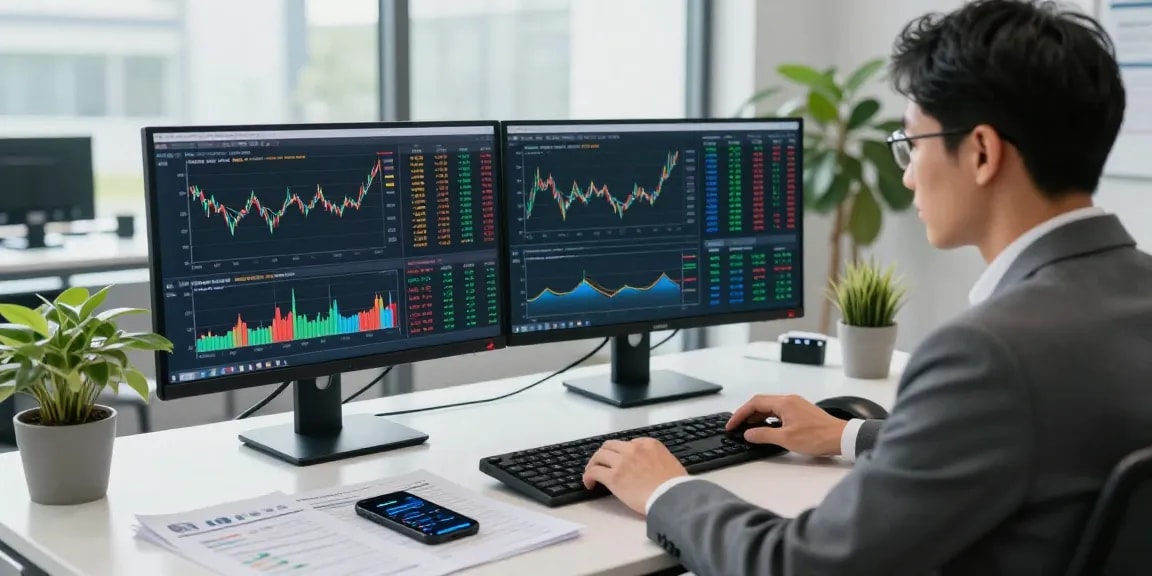 Professional analyst using commodities price tracker in dynamic office setting, showcasing real-time data analysis.