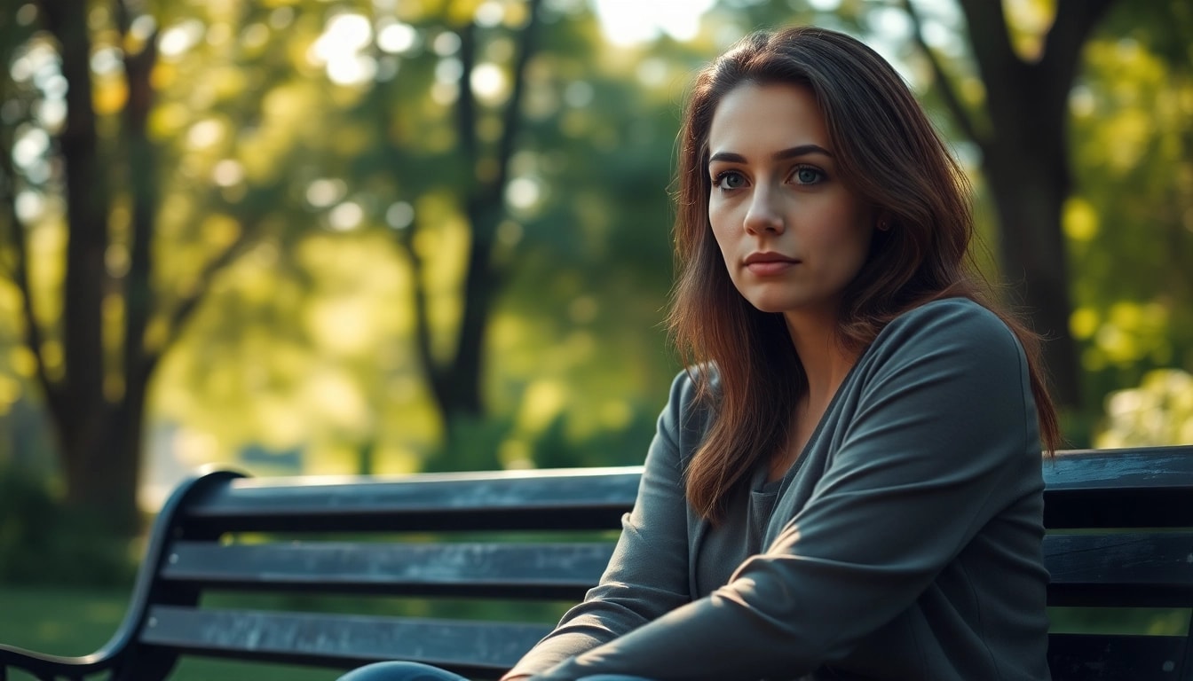 Reflect on life in a break down with a serene woman in nature, capturing a moment of calm introspection.