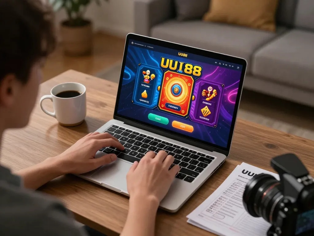 Engaging in UU88 bet online session, showcasing colorful casino interface on laptop in a cozy home setting.
