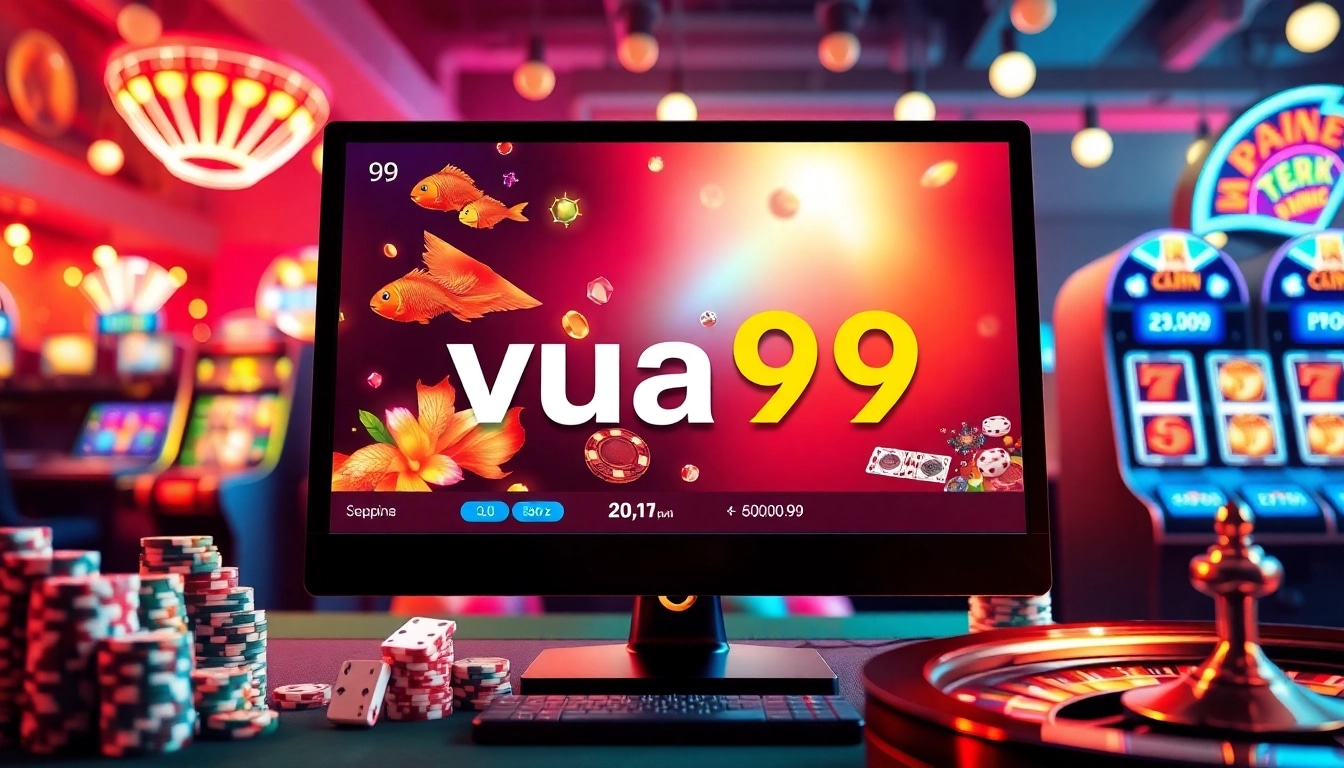 Engage with vua99's dynamic online gaming world featuring vibrant poker chips and colorful casino games.