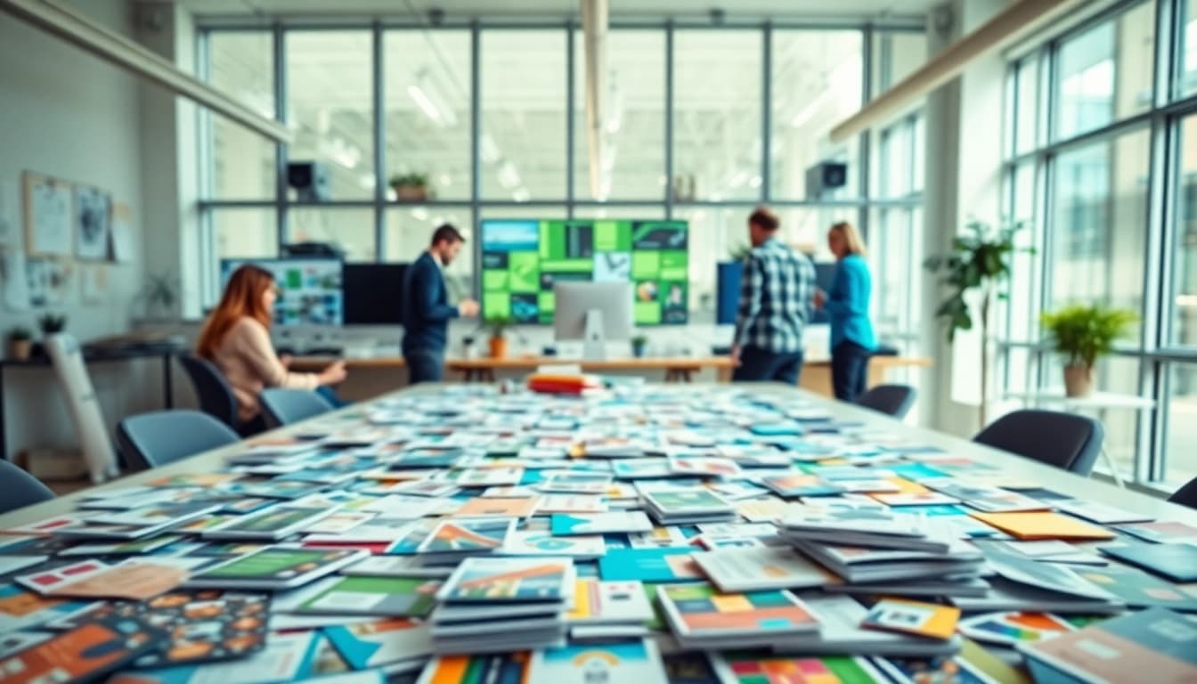Creative team at a direct mail company brainstorming innovative marketing materials.