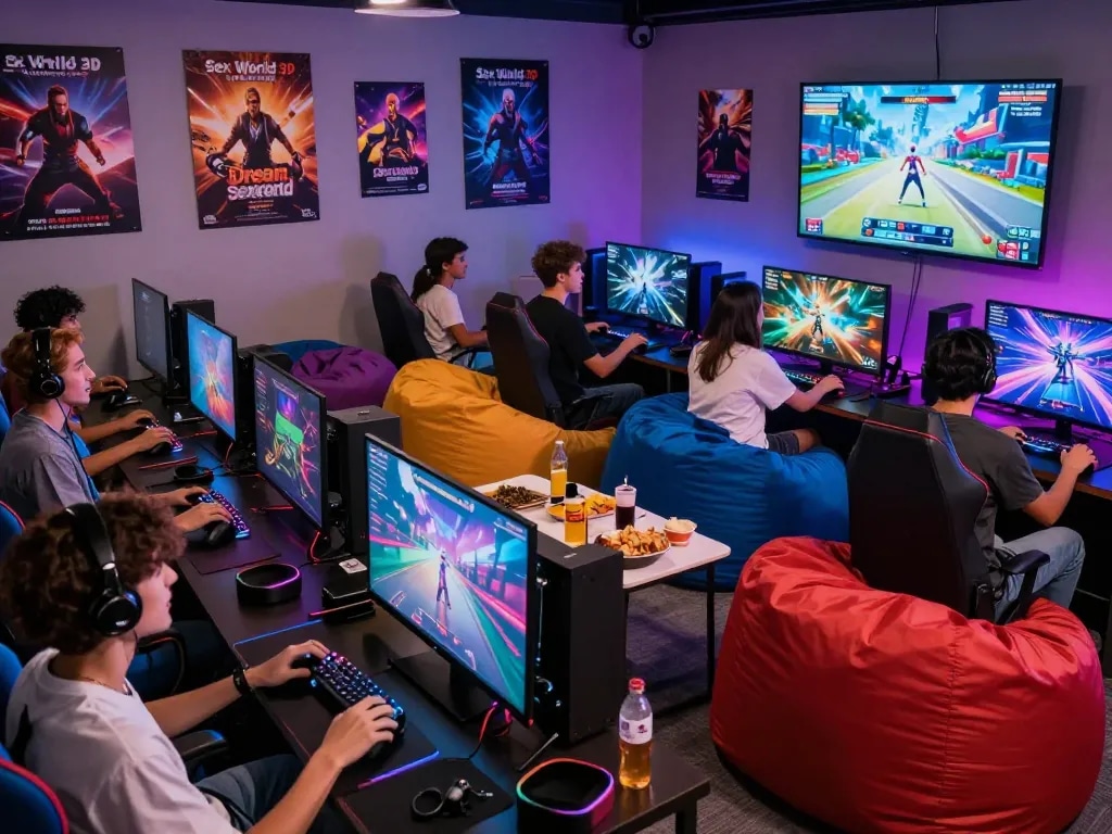 Group of gamers enjoying AI porn games with excitement in a vibrant gaming den
