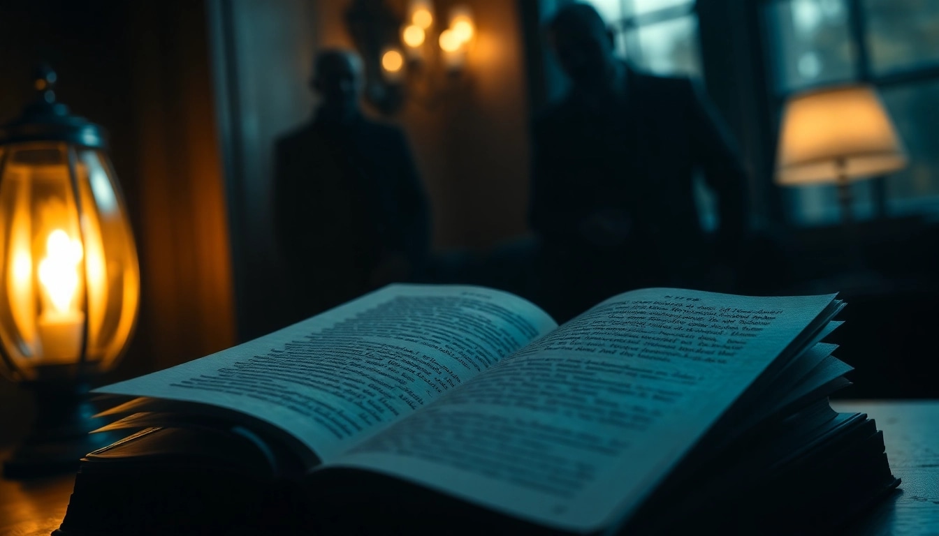 Uncover gripping moments from a thriller book, emphasizing suspense amidst shadows.