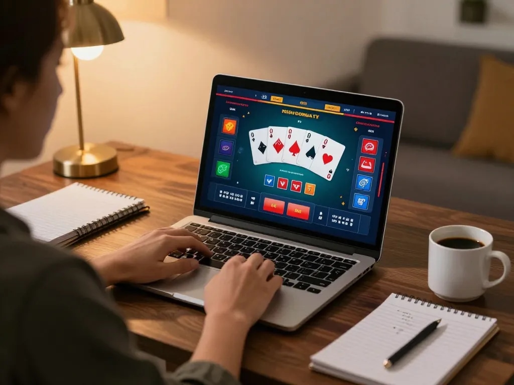 Engaging with go88 ca online poker game on a stylish laptop at home.