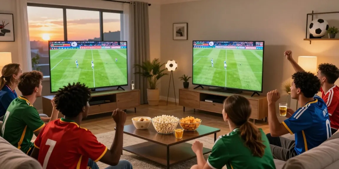 Fans merayakan live bola di ruang tamu dengan TV besar dan suasana meriah.