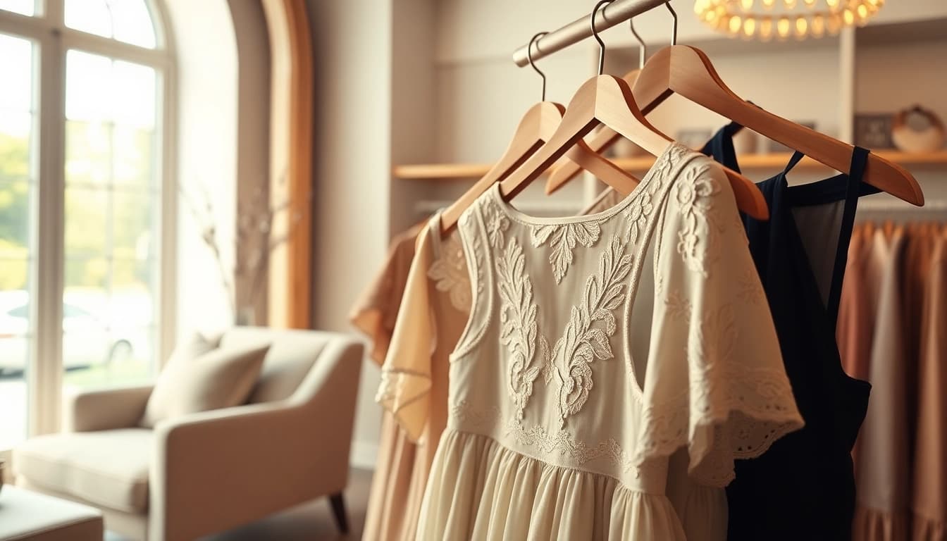 Showcase of Rivelle clothing emphasizing elegance and quality in a boutique.