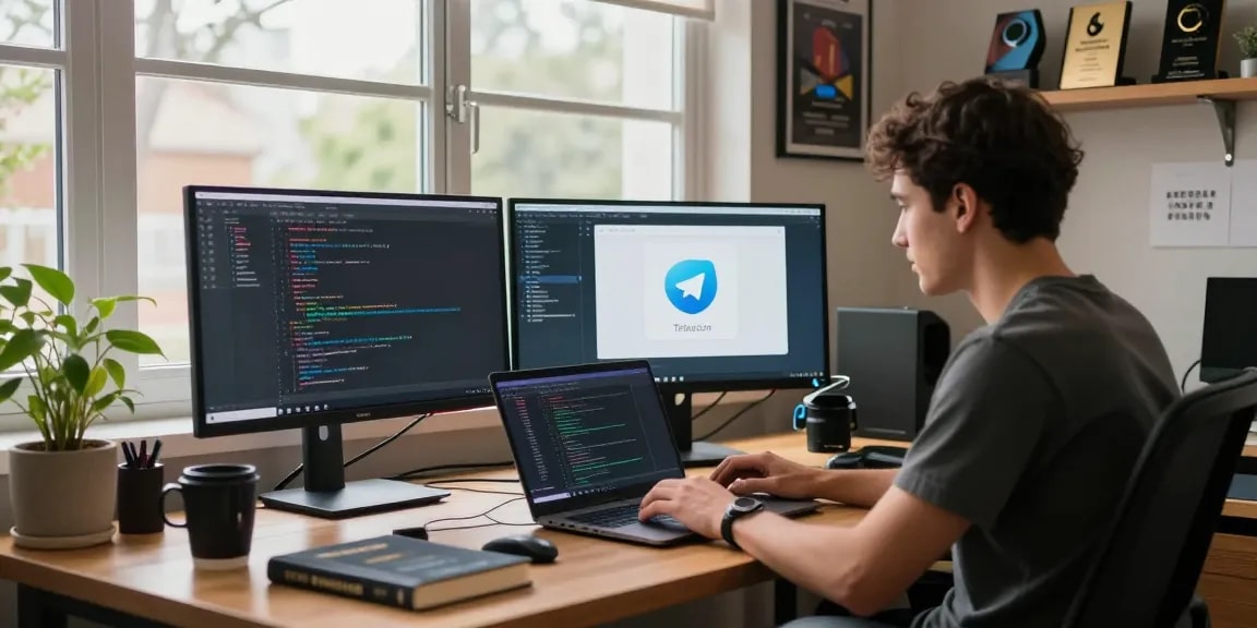 Engaging workspace of a developer showcasing the 纸飞机下载 app interface on multiple monitors, with modern tech elements and a warm office atmosphere.