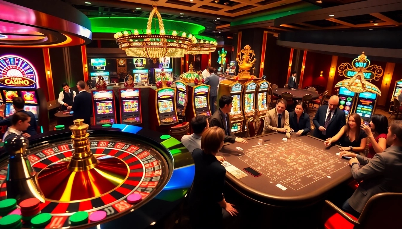 Scène excitante au meilleur casino en ligne avec des tables de poker et de roulette, avec des joueurs impatients.