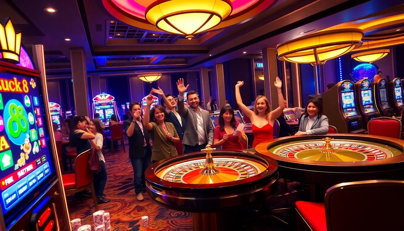 Luck8 slot machine attracting players in a lively casino scene with dynamic gaming action.