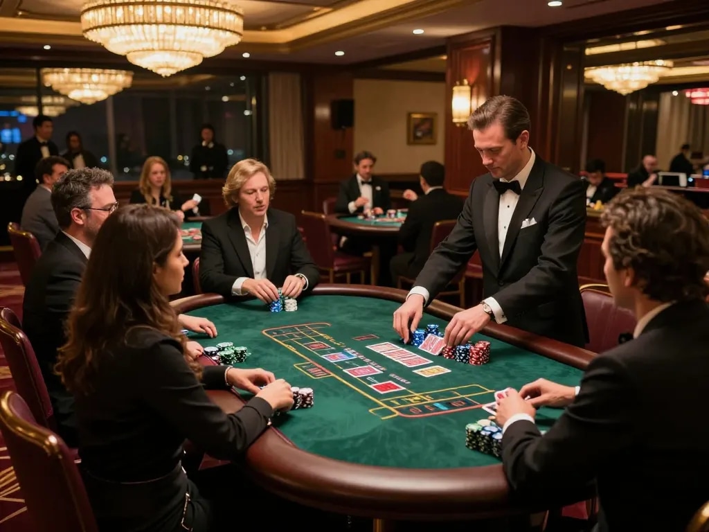 Players engage in strategic gameplay at Manclub's luxurious blackjack table, illuminated by elegant chandelier lighting.