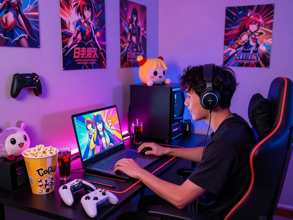 Engaged gamer experiencing free sex games in a vibrant gaming room.