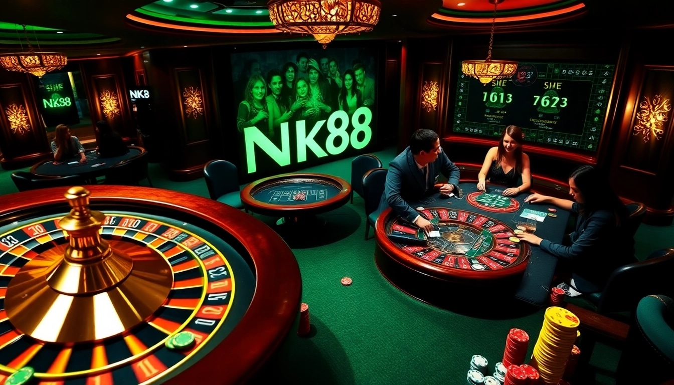 Experience the thrill of NK88 at an upscale casino table with vibrant chips and intense players.